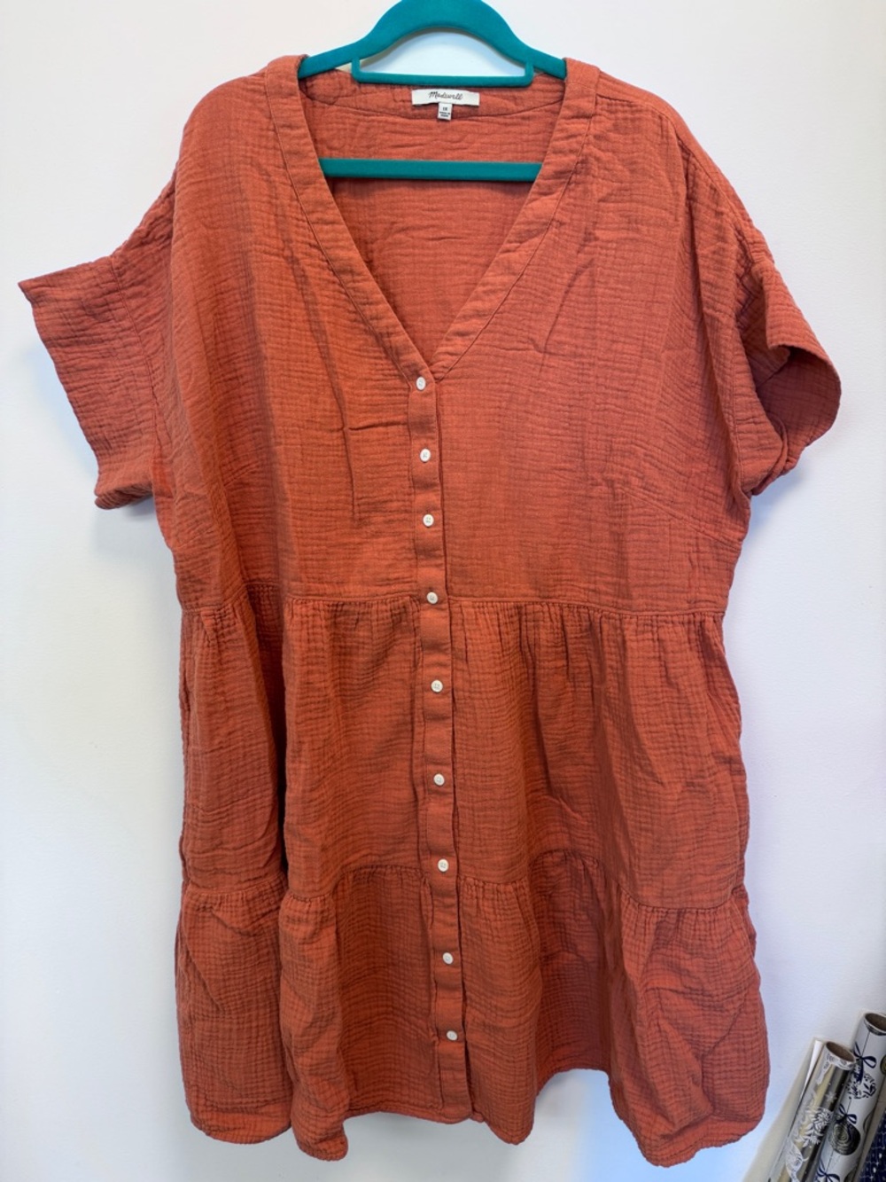 Madewell 100% Cotton Rust Button-Front Gauze Tunic Dress, 1X